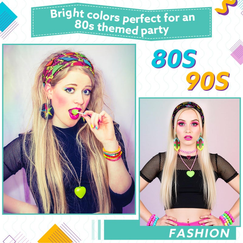 obeoby 8 Pack 80s Print Neon Headbands for Women, 90s Retro Accessories Sport Hairbands for Party Style Masquerade Running Cycling - Image 3